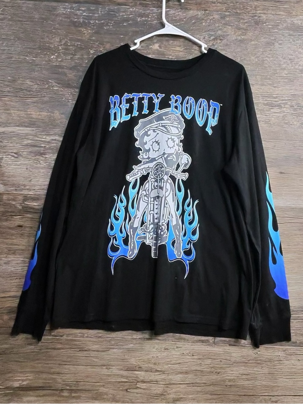 Betty Boop Black Long-Sleeve Graphic Tee with Blue Flame Sleeves